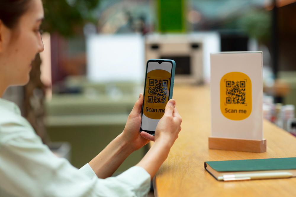 Customer scanning QR code for queue